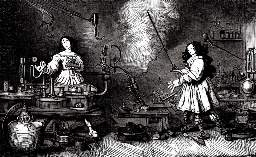 Prompt: alchemy laboratory. battle angel alita. by rembrandt 1 6 6 7, illustration