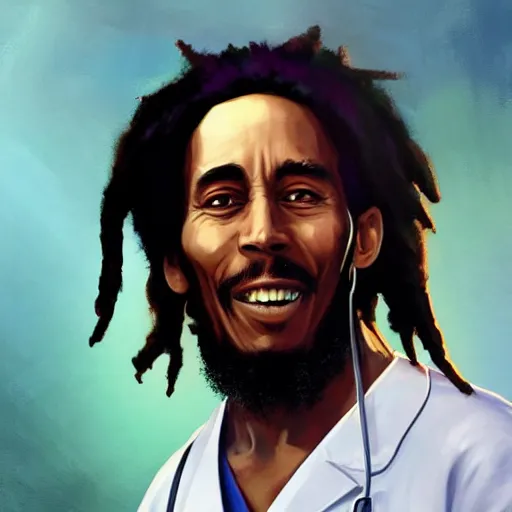 Image similar to bob marley in scrubs as a doctor, by greg rutkowski, great colors, trending on artstation