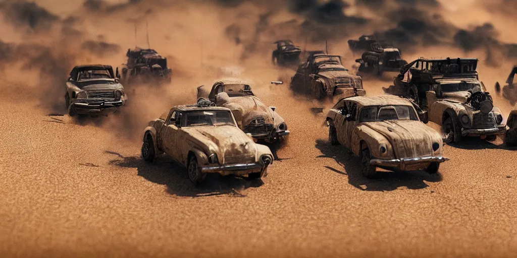 Prompt: needle felt of car chase scene from fury road ( 2 0 1 5 ), tilt shift, action shot, explosions, dust, detailed textures, dramatic light, god rays