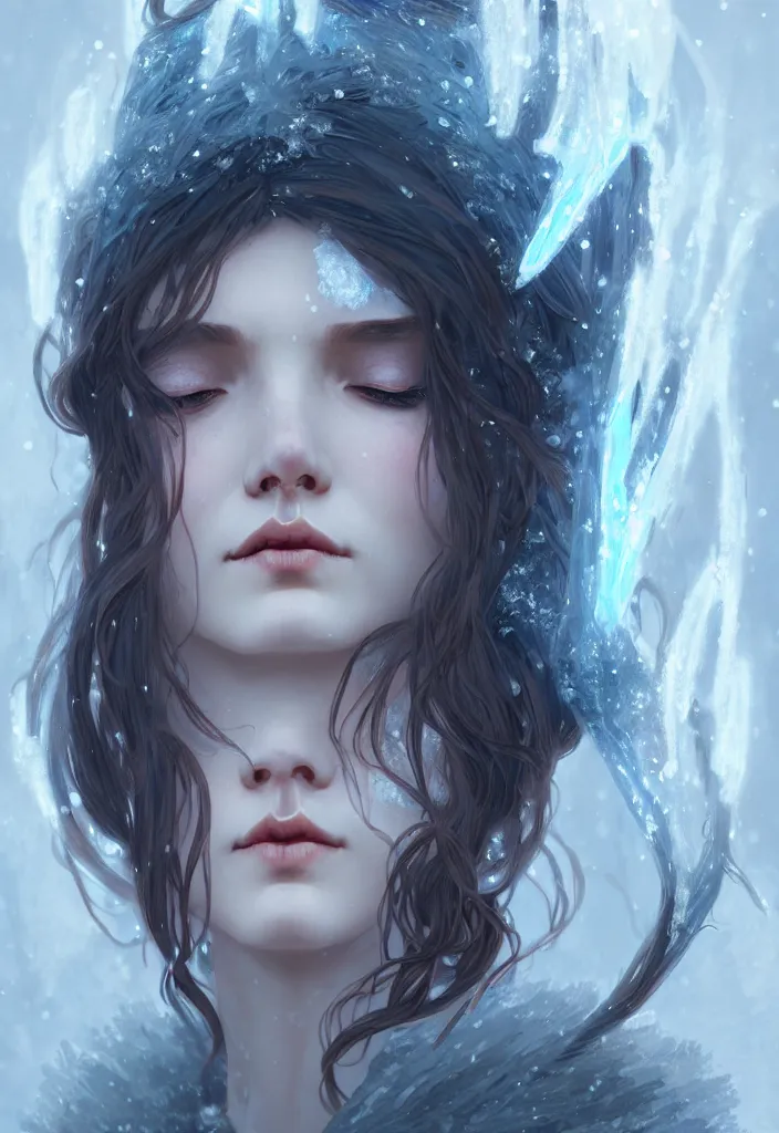 Prompt: a head and shoulders shot of a beautiful ancient frost witch, eye fire, snow glow, snowfall, highly detailed, digital painting, artstation, sharp focus, illustration, art by tan zi and ayanamikodon and alphonse mucha and wlop