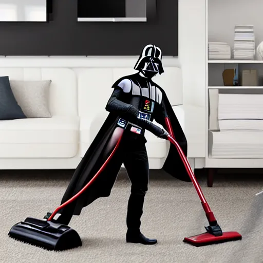 Image similar to Darth Vader vacuuming the house, photo realistic, award-winning, highly-detailed