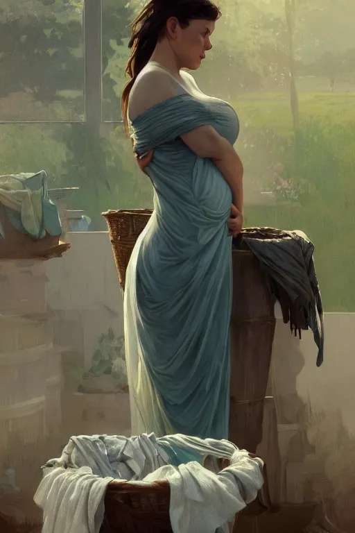 Image similar to portrait of rural pregnant woman doing laundry, digital painting, artstation, concept art, smooth, sharp focus, illustration, art by artgerm and greg rutkowski and alphonse mucha