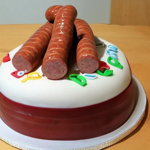 Prompt: birthday cake made entirely of sausages