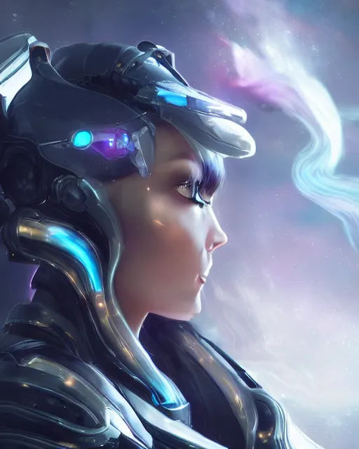 Image similar to perfect android girl on a mothership, warframe armor, beautiful face, scifi, futuristic, galaxy, nebula, raytracing, dreamy, long white hair, blue cyborg eyes, sharp focus, cinematic lighting, highly detailed, artstation, divine, by gauthier leblanc, kazuya takahashi, huifeng huang