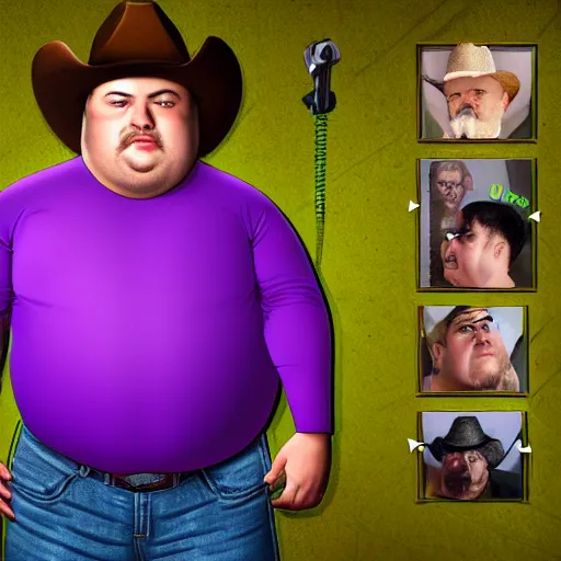 Prompt: hyperreal morbidly obese 2000kilo snake oil salesman wearing authentic purple green sip tech cowboy augmentation and curly snake moustache, fat man standing in front of blank background