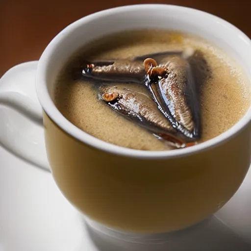 Prompt: two anchovies floating in a white porcelain cup of milk tea, macro restaurant photo