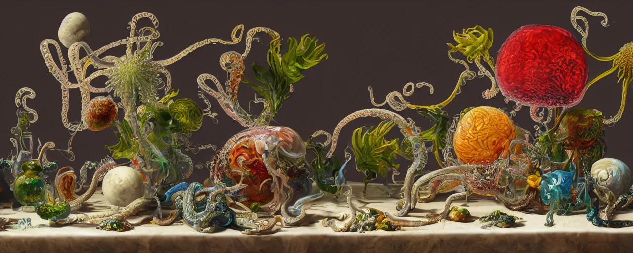 Image similar to ultradetailed reailistic still life with jelly flowers by ernst haeckel, caravaggio, roger dean and andrei tarkovsky, slime and tentacles, wide angle, cinematic, octane render, bokeh, unreal engine, 4k 3d render