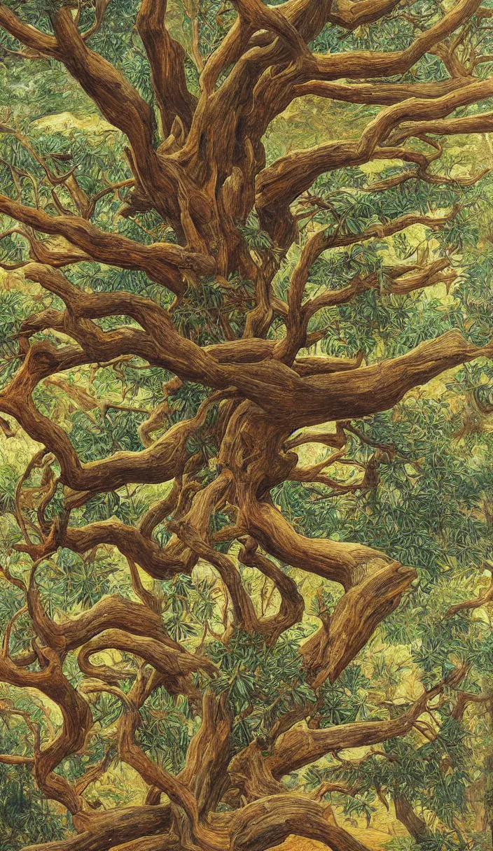 Prompt: an ancient tree, close up, detailed, tree bark by marianne north by moebius