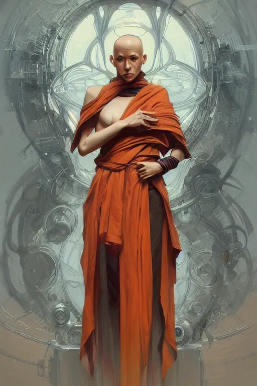 Image similar to Full body robotic monk, portrait, elegant, intricate, digital painting, artstation, concept art, smooth, sharp focus, illustration, art by artgerm and greg rutkowski and alphonse mucha