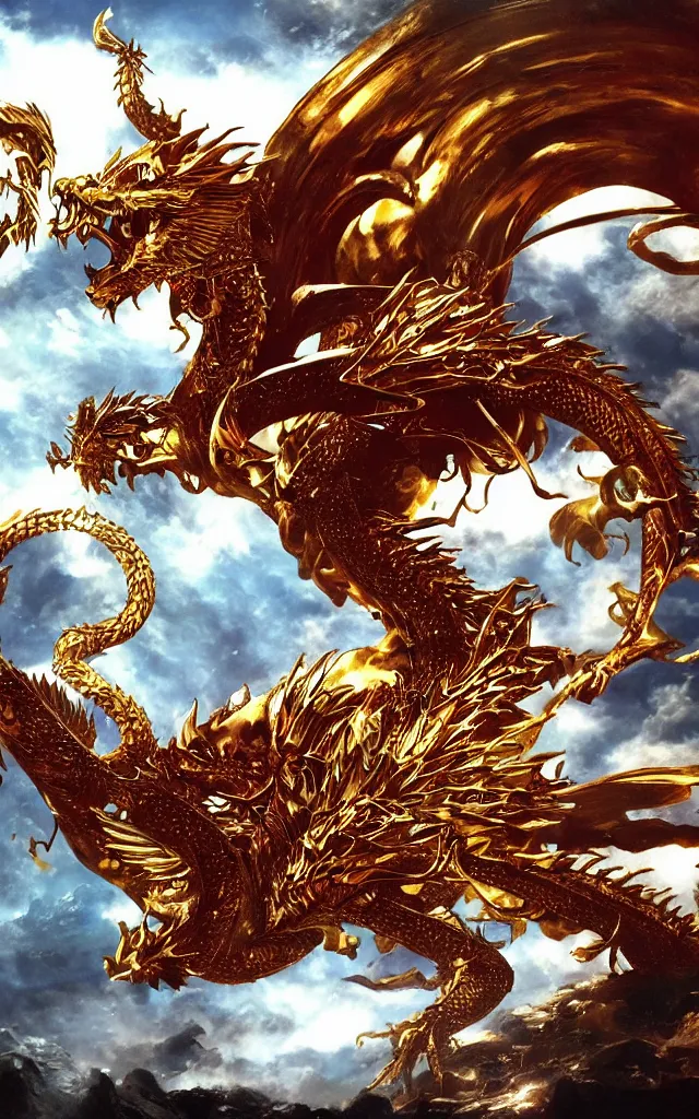 Prompt: golden dragon, epic, legendary, cinematic composition, stunning atmosphere by yoshitaka amano