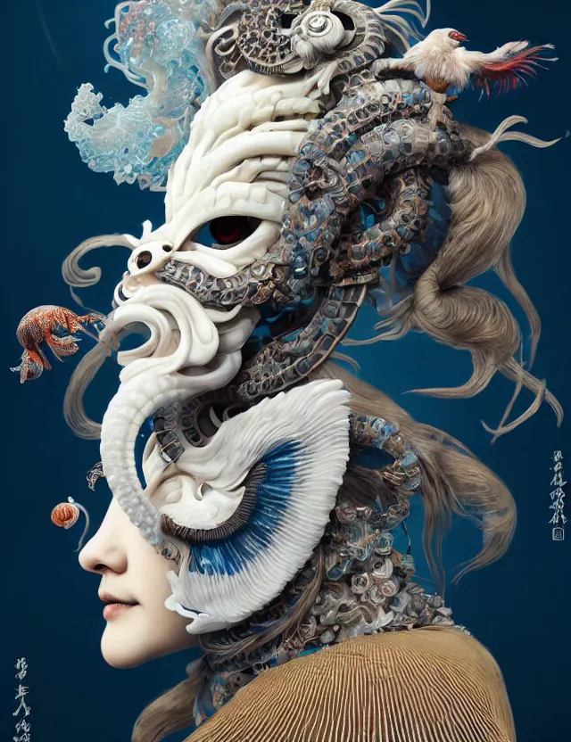 Image similar to 3 d goddess half - turn portrait with ram skull. beautiful intricately detailed japanese crow kitsune mask and clasical japanese kimono. betta fish, jellyfish phoenix, bio luminescent, plasma, ice, water, wind, creature, artwork by tooth wu and wlop and beeple and greg rutkowski