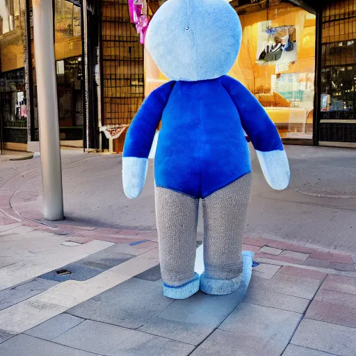 Image similar to blue'snappy gifts'human - sized plush doll, on sidewalk, holding gift, happy atmosphere, high detail, soft lighting, 8 k