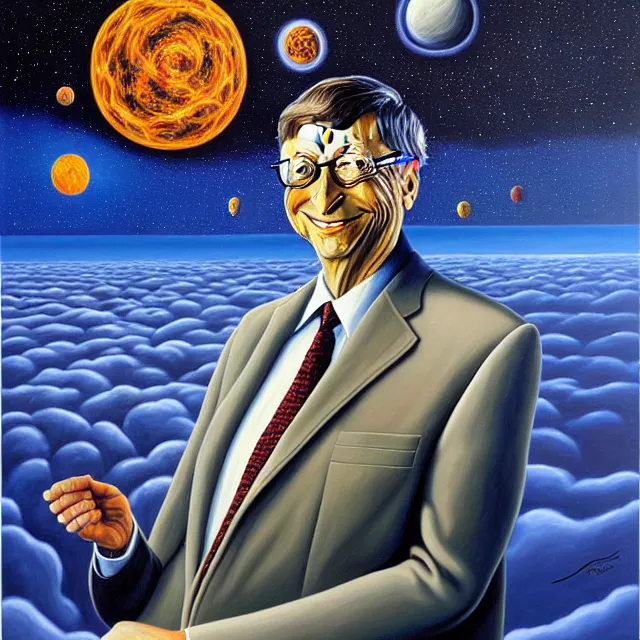 Prompt: an oil on canvas portrait painting of bill gates, surrealism, surrealist, cosmic horror, rob gonsalves, high detail