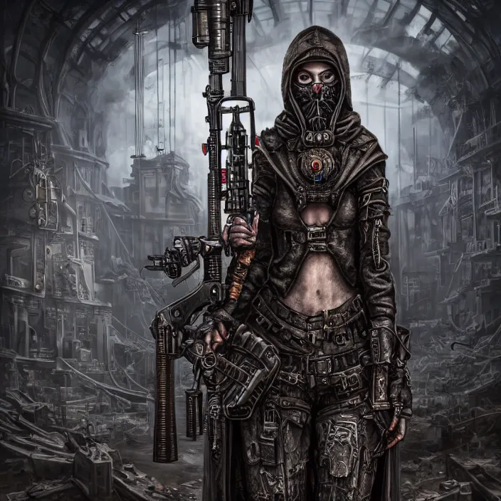 Prompt: apocalyptic woman in hood standing in hall of machinery and weaponry, hyper - detailed, smooth, sharp focus, 4 k ultra hd, fantasy dark art