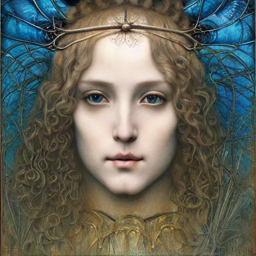 Prompt: detailed realistic beautiful young medieval queen face portrait by jean delville, brooke shaden, gustave dore and marco mazzoni, art nouveau, symbolist, visionary, gothic, pre - raphaelite, ornate gilded medieval icon