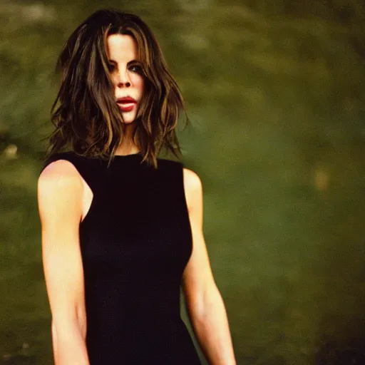 Image similar to medium shot of Kate Beckinsale, black dress, Cinestill 800t, photography by Lazar Bogdanović