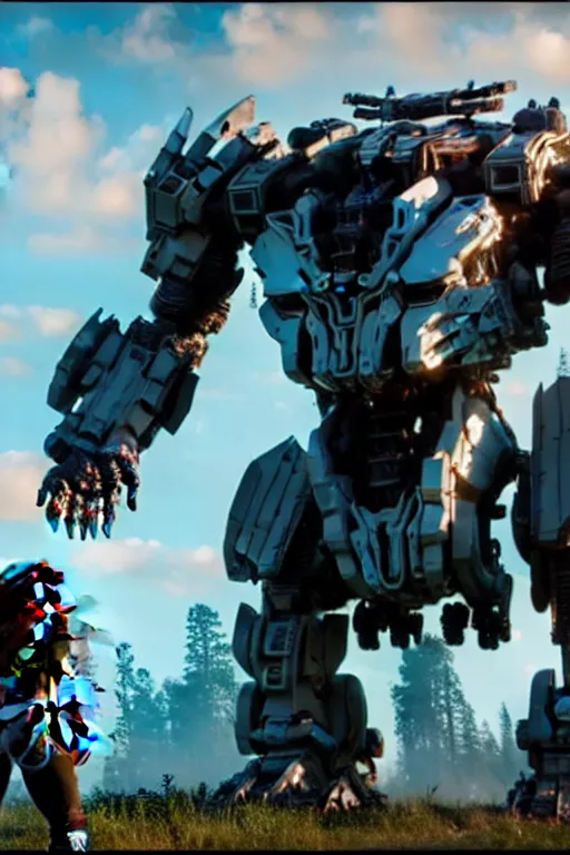 Image similar to a cinematic still from horizon zero dawn and pacific rim and westworld, full body ape mech, armored core, intact humanoid servo, octane render, nvidia raytracing demo, masterpiece, aged armor plating, decipticon armor plating, aggressive head, endoekeleton exposure