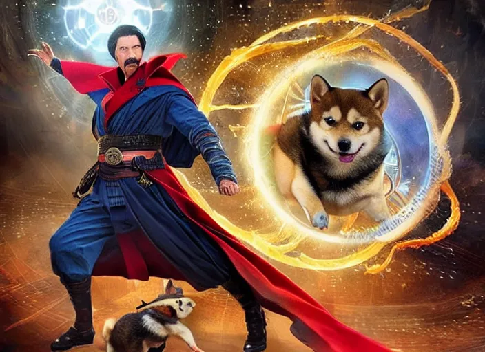 Image similar to dr. strange casting a shield spell in the metaverse with a shiba inu samurai at his feet, hyper realistic, highly detailed, perfect face, smooth, focus