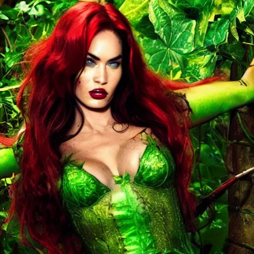 Image similar to stunning awe inspiring megan fox as poison ivy, movie still 8 k hdr atmospheric lighting