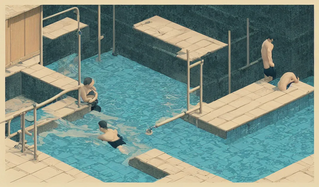 Prompt: Water plunge pool, using weighted vests, I watch the others go down, I don't want to do it myself, flat design, screen print by Kawase Hasui and dan hillier, 8k unreal engine