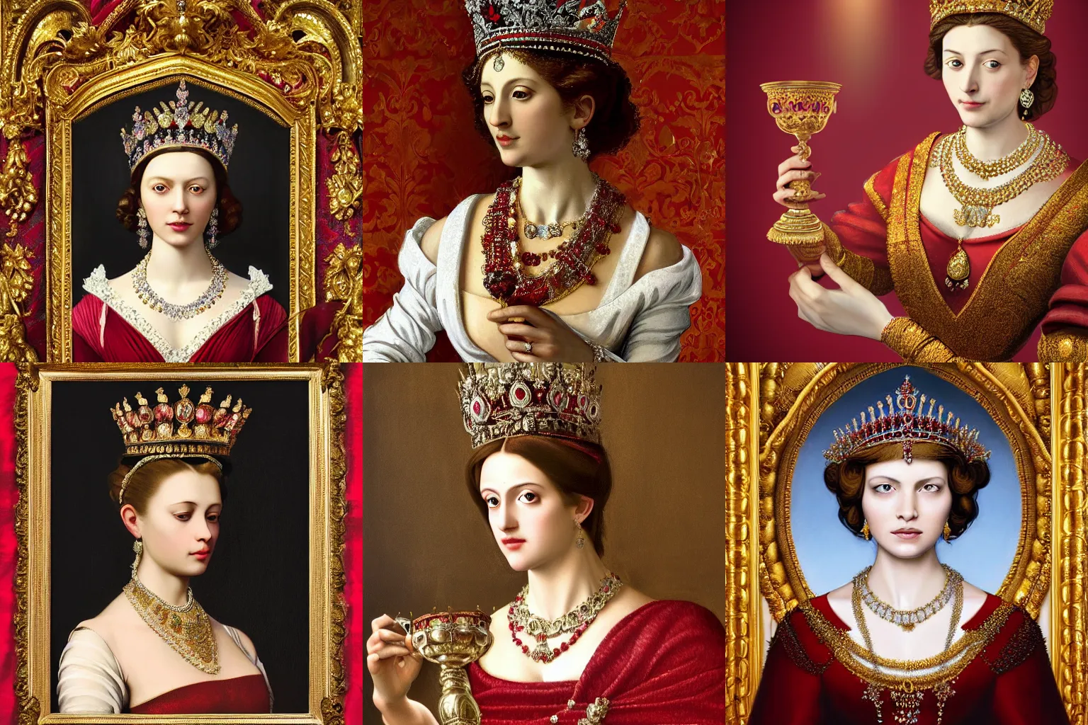 Image similar to A extremely highly detailed majestic hi-res beautiful head and shoulders painting of a beautiful woman wearing a long royal red silk dress, the crown jewels is on her head and she is holding a golden goblet and around her neck is a ornate golden necklace decorated with diamonds and rupees by Michelangelo Merisi da Caravaggio, high detail, hyperrealistic, photorealistic, octante render, cinematic, high textures, royaltly, royal, hyper sharp, 4k insanely detailed and intricate, hypermaximalist, 8k, hyper realistic, super detailed, 4k HDR hyper realistic high,