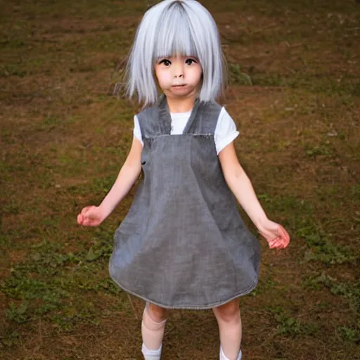 Image similar to little girl in anime style with short grey hair wearing a potato sack as dress