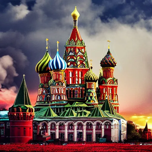 Image similar to a big nuclear explosion with realistic nuclear mushroom in Red Square Kremlin, dramatic lighting, cinematic, extremely high detail, photo realistic