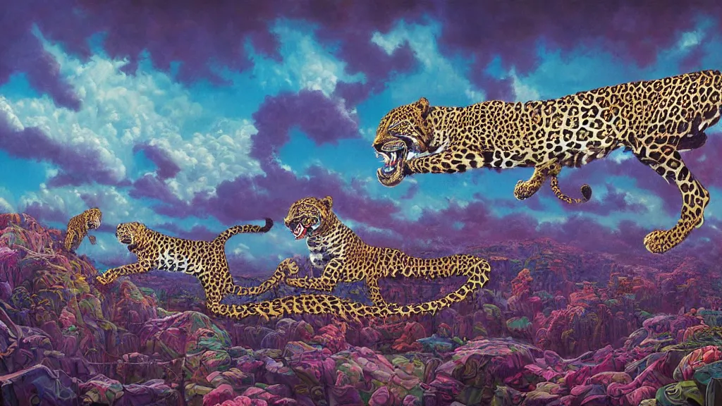 Image similar to highly detailed painting of a dream involving jaguars in colorful clouds in the middle of the night by oliver vernon artist, joseph moncada, damon soule, manabu ikeda, kilian eng, moebius, nico delort, kyle hotz, dan mumford, otomo, 4 k resolution