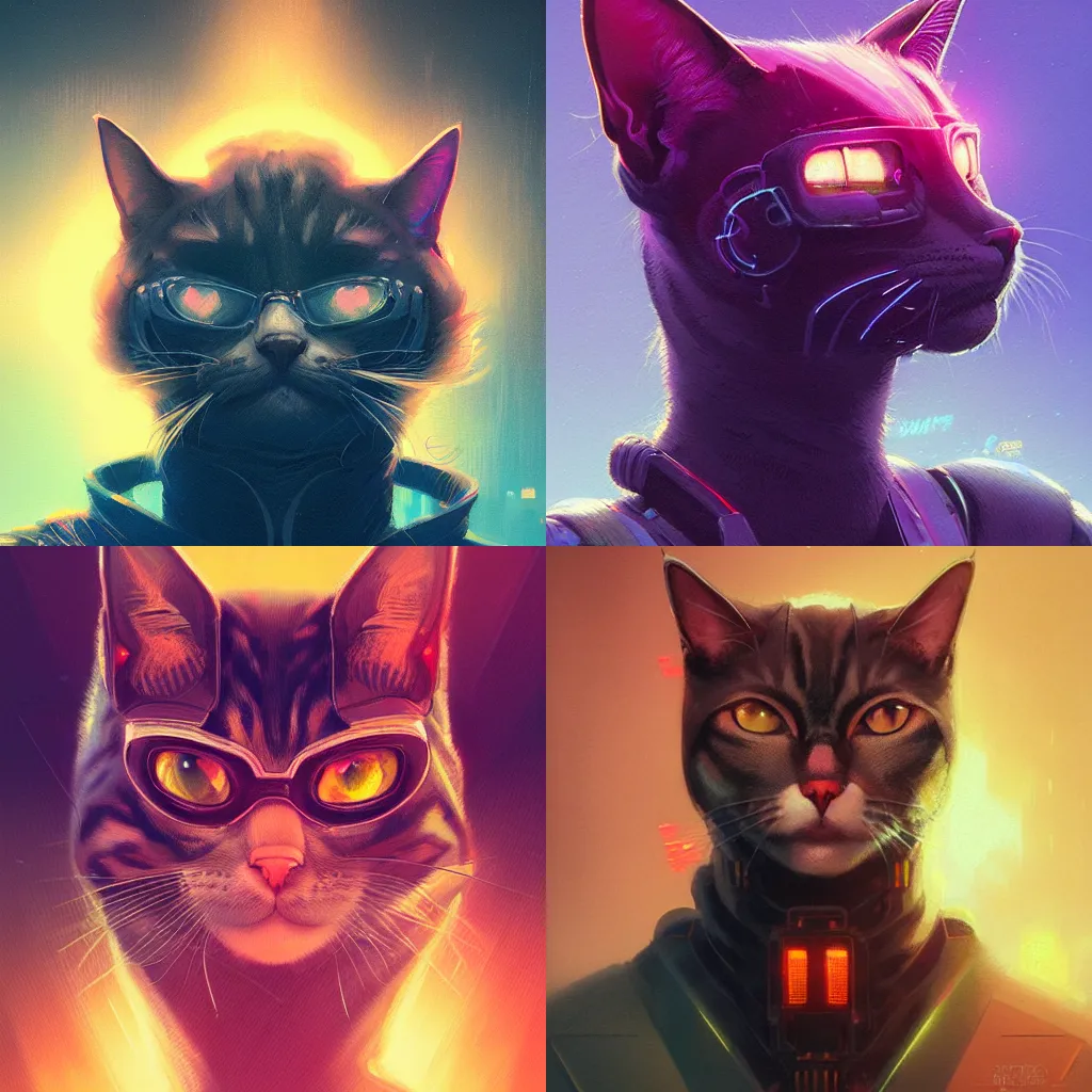 Image similar to detailed portrait of a cat, synthwave, retrowave, cyberpunk, illustration by jordan grimmer and greg rutkowski, trending on artstation