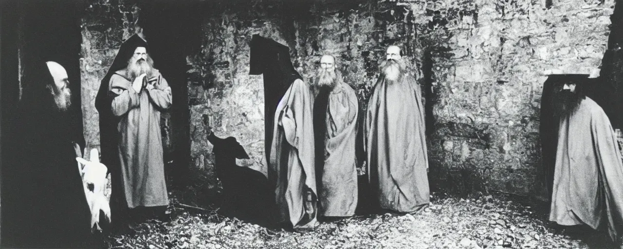 Prompt: still of breaton monks looking like rasputin with a goat from movie stalker ( 1 9 7 9 ) by andrei tarkovsky, polaroid