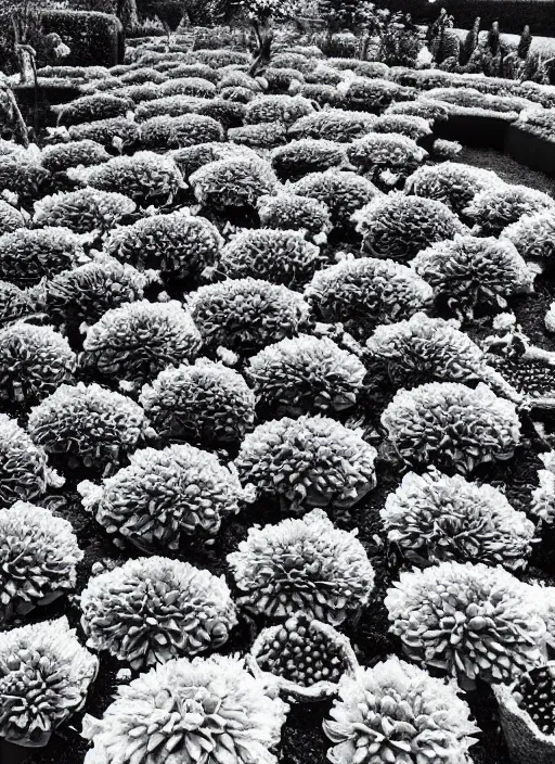 Image similar to old lost footage in black and white of a beautiful garden with flower and fruits,hyper realistic 8K HD real life photo