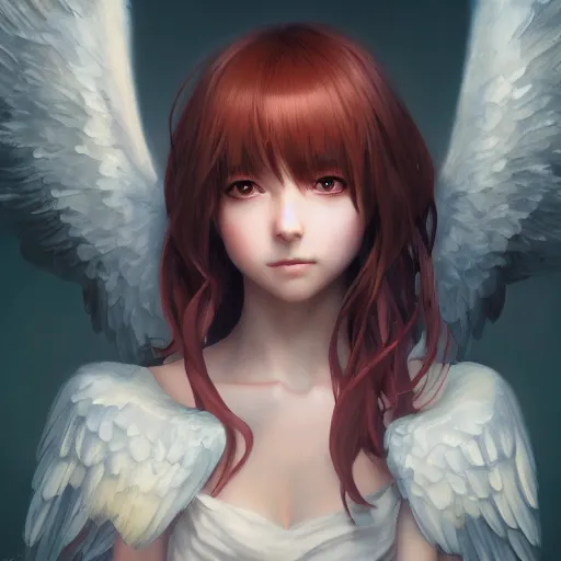 Image similar to an oil painting of a beautiful anime girl with angel wings, by artgerm, wlop and greg rutkowski, hd, hdr, ue 5, ue 6, unreal engine 5, cinematic 4 k wallpaper, 8 k, ultra detailed, high resolution, artstation, award winning