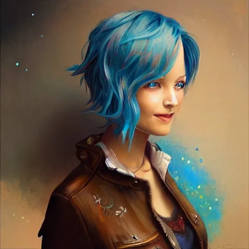 Prompt: a beautiful painting of a smiling woman with stylish short blue hair and sparkling blue eyes, background is a rustic saloon, representative of the art style of artgerm and wlop and peter mohrbacher