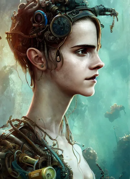 Image similar to underwater steampunk biopunk portrait of emma watson, au naturel, hyper detailed, digital art, trending in artstation, cinematic lighting, studio quality, smooth render, unreal engine 5 rendered, octane rendered, art style by klimt and nixeu and ian sprigger and wlop and krenz cushart.