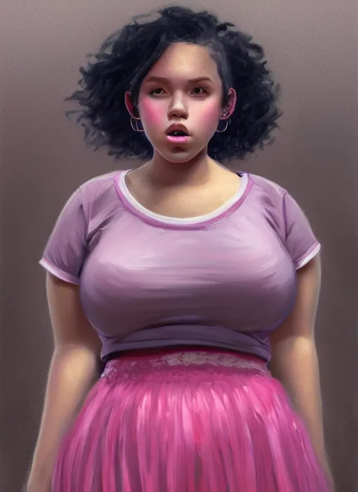Prompt: full body portrait, teenage vanessa morgan, pink hair, obese, black girl, curly pixie hair, sultry, realistic, short hair, hoop earrings, skirt, shirt, fat, belly, intricate, elegant, highly detailed, digital painting, artstation, concept art, smooth, sharp focus, illustration, art by wlop, mars ravelo and greg rutkowski