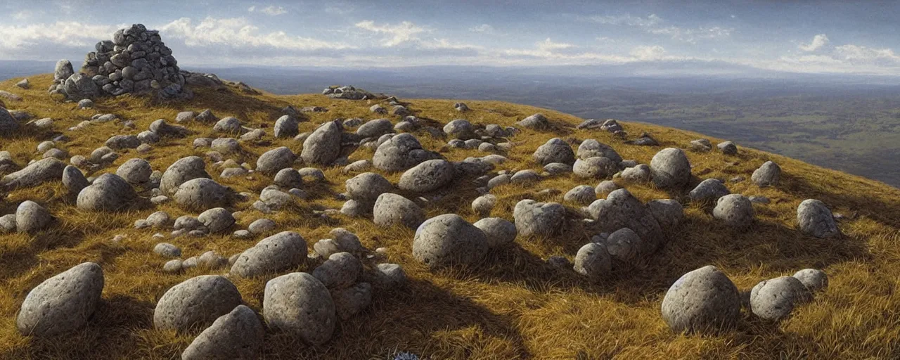 Image similar to a high hill landscape with a circle of large stones in the shape of fingers on the top, by ted nasmith