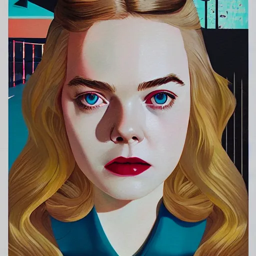 Prompt: Elle Fanning in Mad Men picture by Sachin Teng, asymmetrical, dark vibes, Realistic Painting , Organic painting, Matte Painting, geometric shapes, hard edges, graffiti, street art:2 by Sachin Teng:4