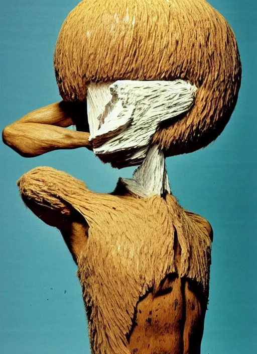 Prompt: realistic photo of a a hairy human birdman sculpture by max ernst made of white clay, in a living room sci - fi laboratory with many wooden gadgets made of wood interior is made of wood 1 9 9 0, life magazine reportage photo, natural colors