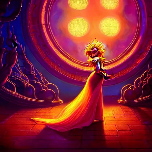 Image similar to Beautiful 3d render of the flower queen in a sensual pose, atmospheric lighting, painted, intricate, volumetric lighting, beautiful, rich deep colors masterpiece, golden hour, sharp focus, ultra detailed, in the style of Dan Mumford and Johfra Bosschart, with a crowded futuristic cyberpunk city in the background, astrophotography