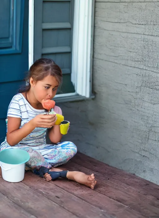 Image similar to girl sitting on porch eating porridge