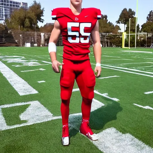 Image similar to “ a realistic detailed photo of a guy who is an attractive humanoid who is half robot and half humanoid, who is a male android, football player christian mccaffrey, shiny skin, posing like a statue, blank stare, on the field, on display ”