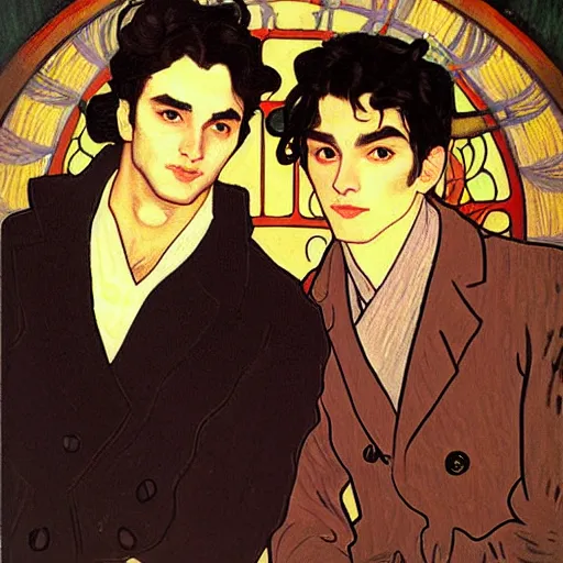 Image similar to painting of young cute handsome beautiful dark medium wavy hair man in his 2 0 s named shadow taehyung and cute handsome beautiful min - jun together at the halloween! party, bubbling cauldron!, candles!, smoke, autumn! colors, elegant, wearing suits!, clothes!, delicate facial features, art by alphonse mucha, vincent van gogh, egon schiele