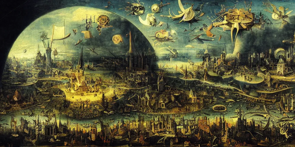 Prompt: beautiful ominous megastructure in the sky in the style of heironymus bosch, intricate masterpiece, hyper detailed, hd