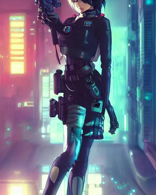 Image similar to anime key visual of a young female police officer, neon, cyberpunk, futuristic, stunning, highly detailed, digital painting, artstation, smooth, soft focus, rule of thirds, illustration, art by artgerm and greg rutkowski and alphonse mucha