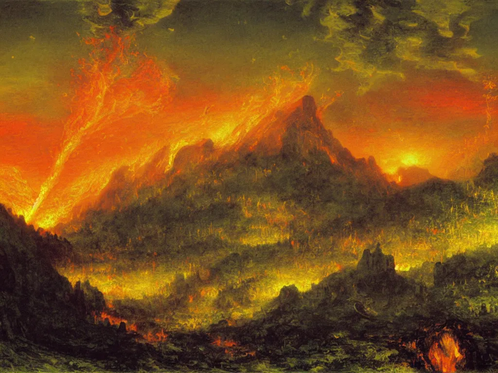 Prompt: flowing lava melting a industrial city. painting by asher brown durand, caspar david friedrich, thomas cole, monet