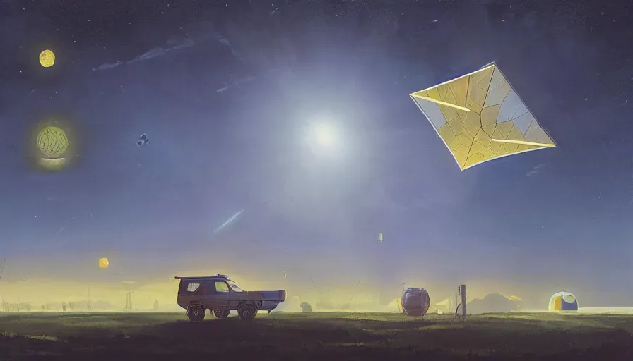 Prompt: hexagonal solar sail floating in space, sun, earth, simon stalenhag