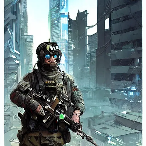 Prompt: Arthur. USN special forces futuristic recon operator, cyberpunk headset, on patrol in the Australian autonomous zone, deserted city skyline. 2087. Concept art by James Gurney and Alphonso Mucha