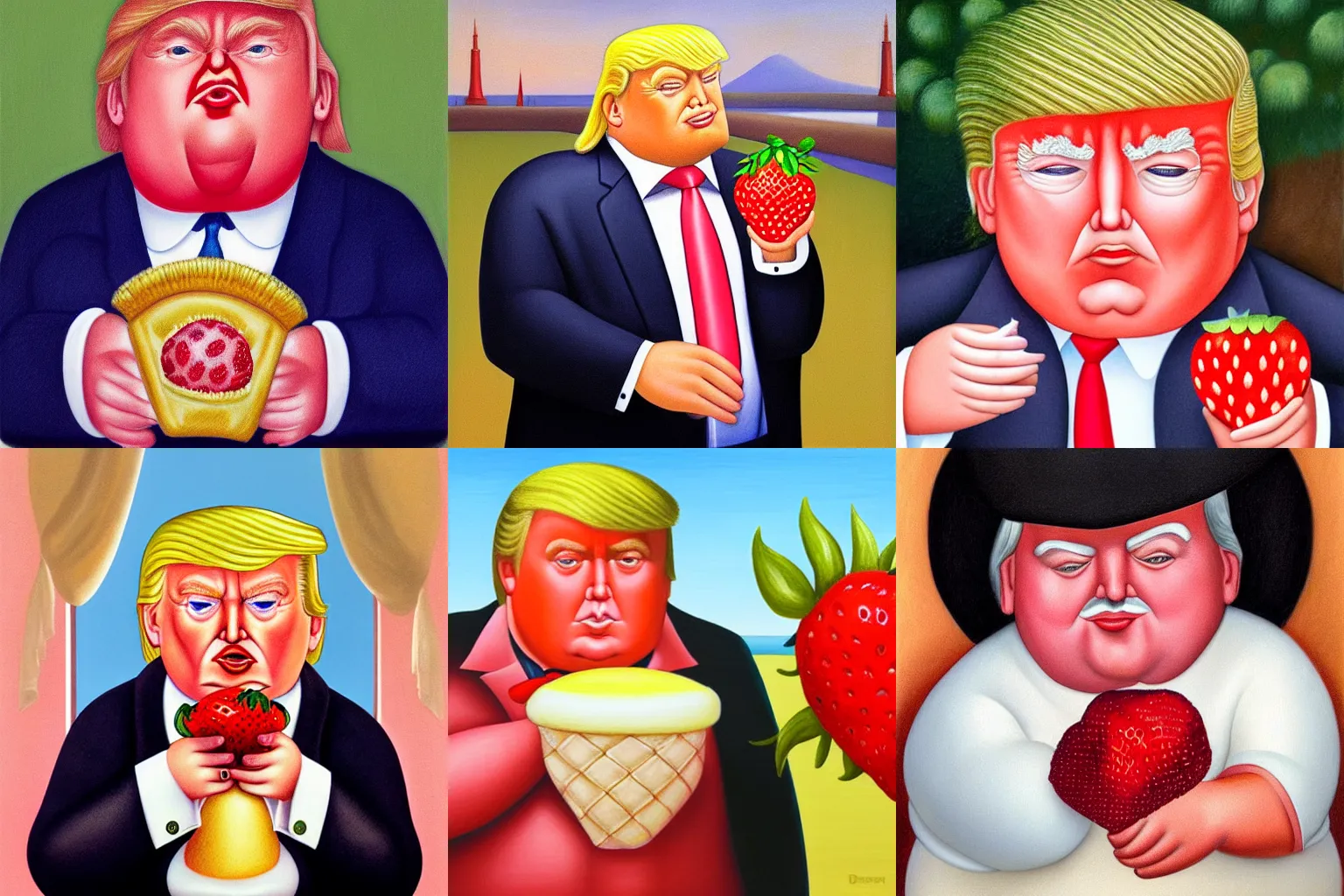 Prompt: a Fernando Botero portrait of Donald Trump holding a tiny strawberry ice cream cone