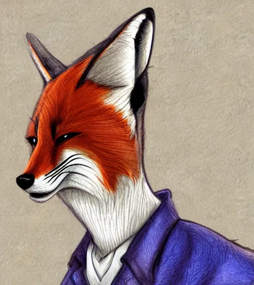 Prompt: expressive stylized master furry artist digital colored pencil painting full body portrait character study of the anthro male anthropomorphic fox fursona animal person wearing clothes by master furry artist blotch