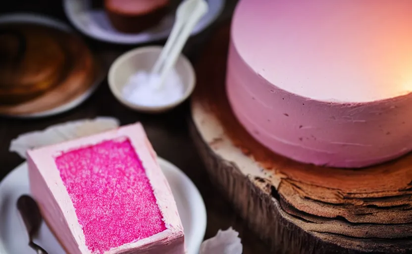 Image similar to A photo of a swedish cake from the side on a wooden table, covered with pink marzipan, some powder sugar and a marzipan leaf. Sunset. 4K. Cinematic lighting. High detail. Realistic. Delicious.